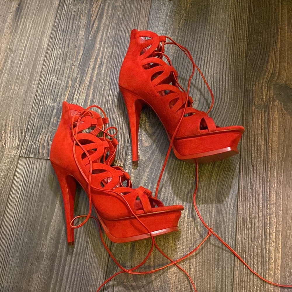 Yves Saint Laurent Calfskin Tribute 16 Lace Up Red Platform Sandals